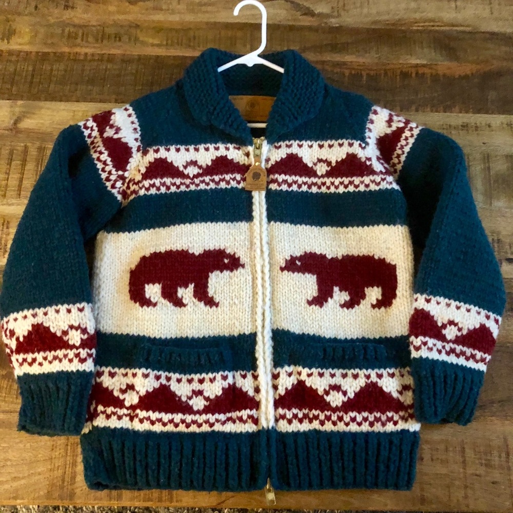 J. Crew Teal, Cream & Burgundy Bear Knit Zip Cardigan